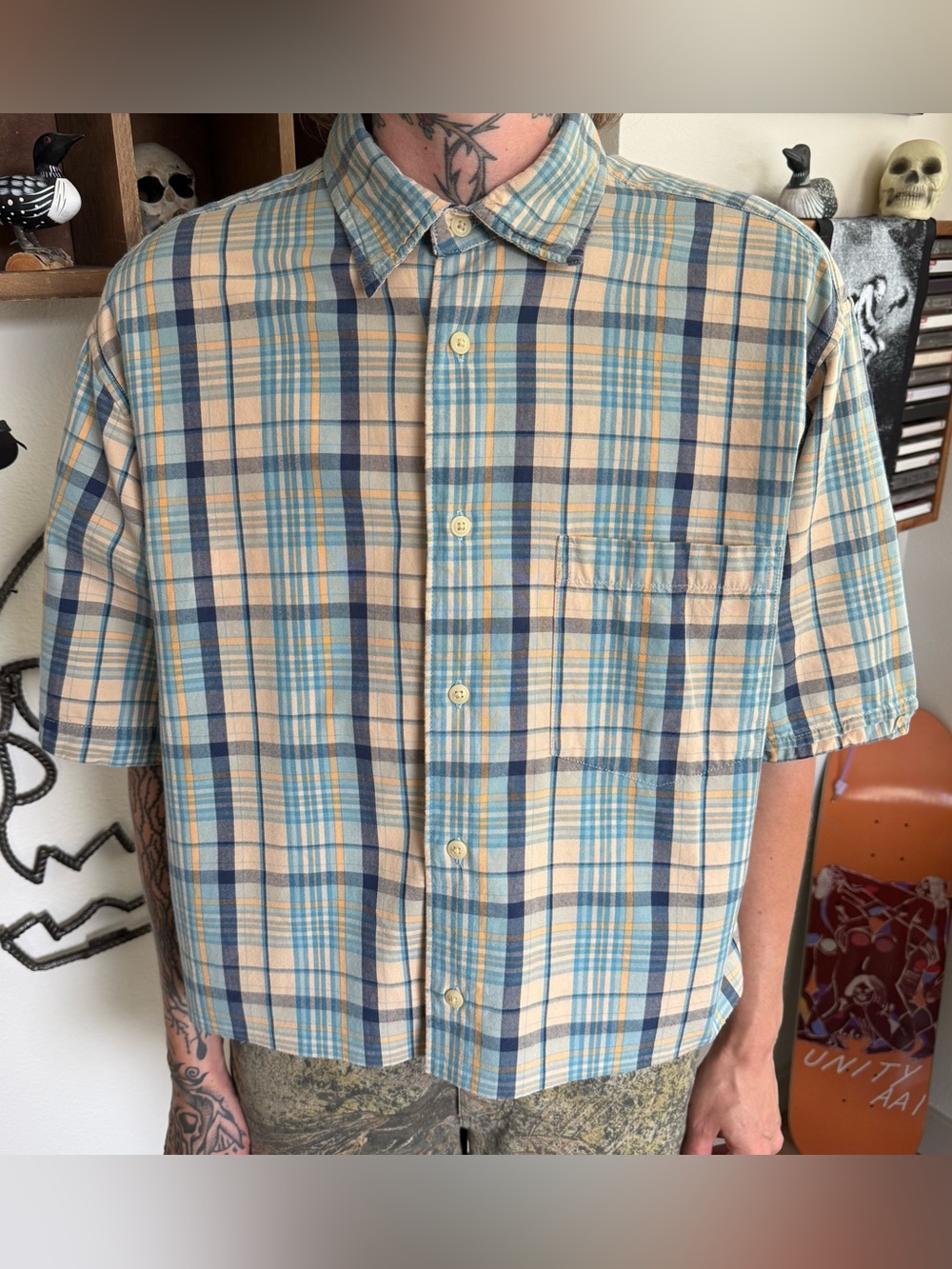 Vintage 90s Cropped Boxy Blue Plaid Button Down SS Shirt ~ Size Medium